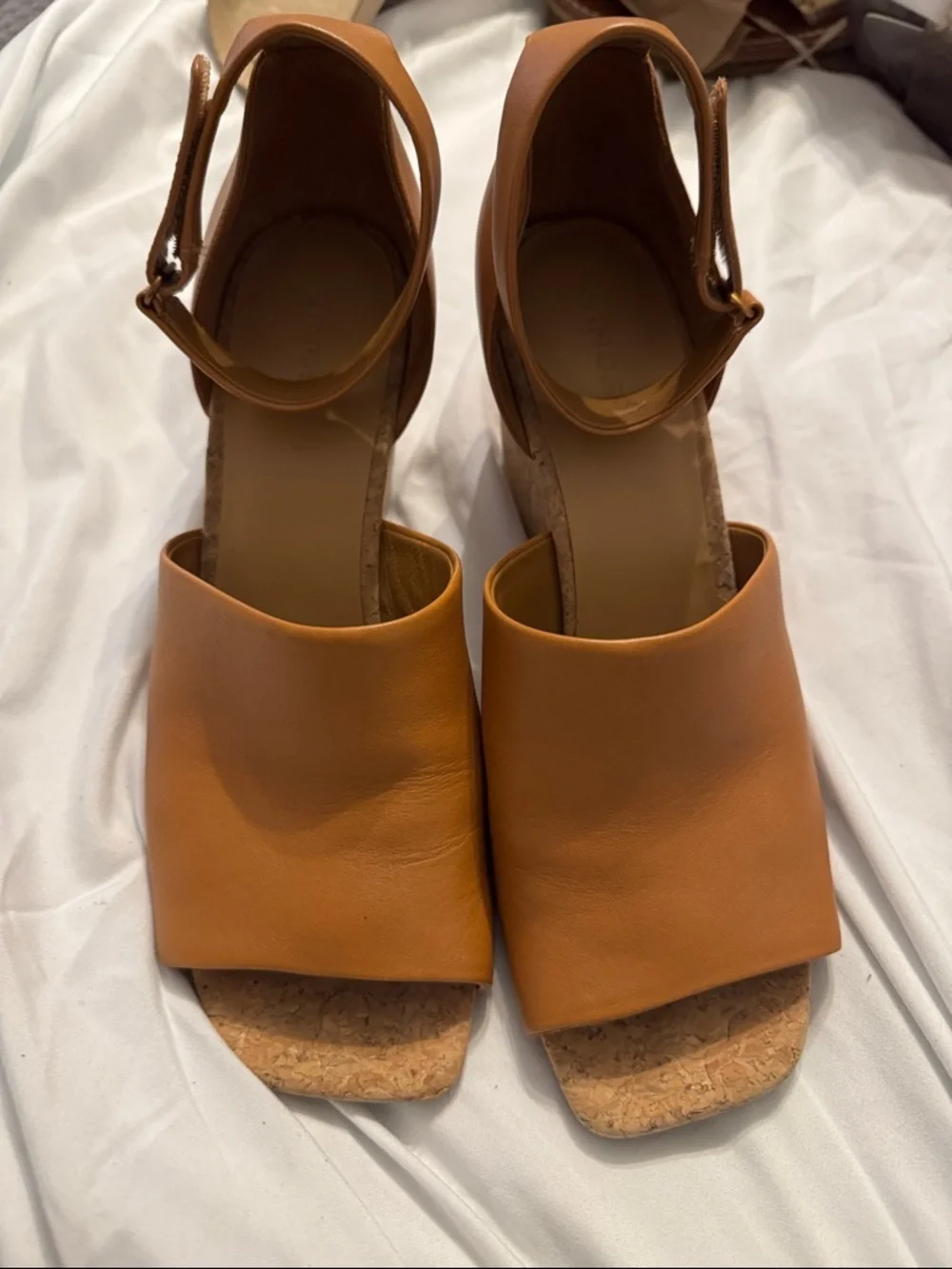 Vince Tan Leather Cork Wedge Sandal with Ankle Strap